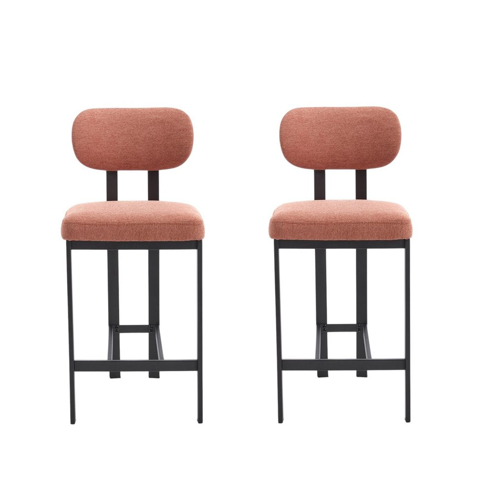 Set of Two 26 Orange and Black Fabric and Metal Counter Height Bar Chairs