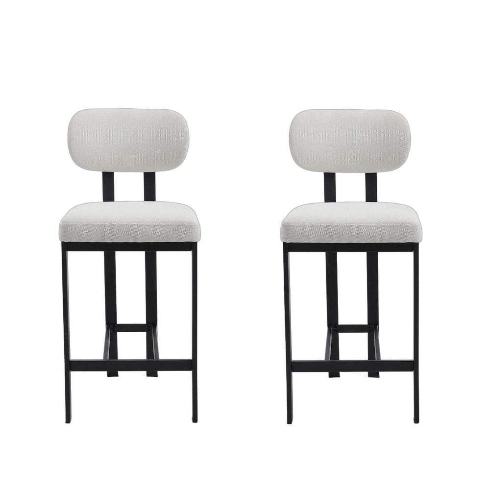 Set of Two 26 White and Black Fabric and Metal Counter Height Bar Chairs