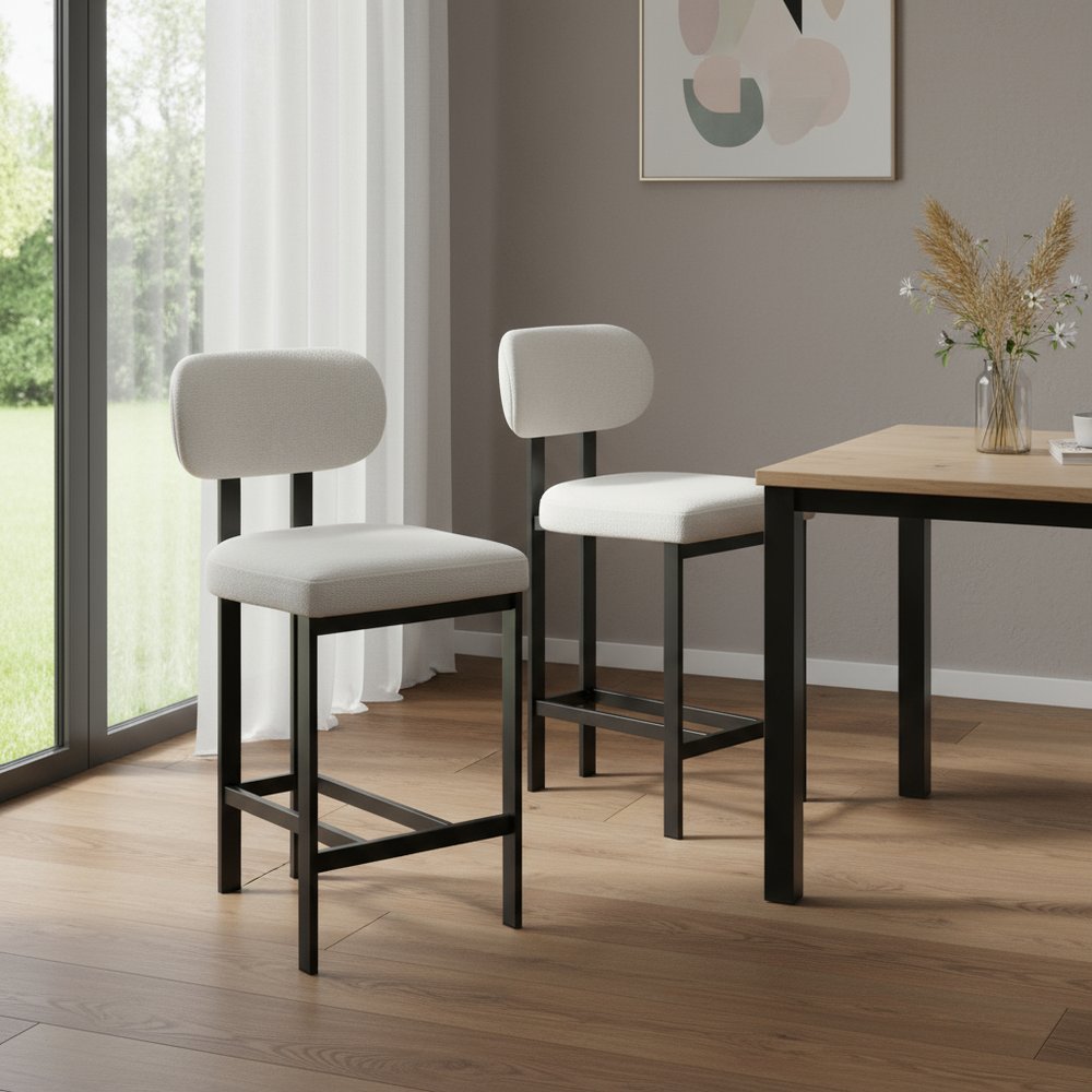 Set of Two 26 White and Black Fabric and Metal Counter Height Bar Chairs