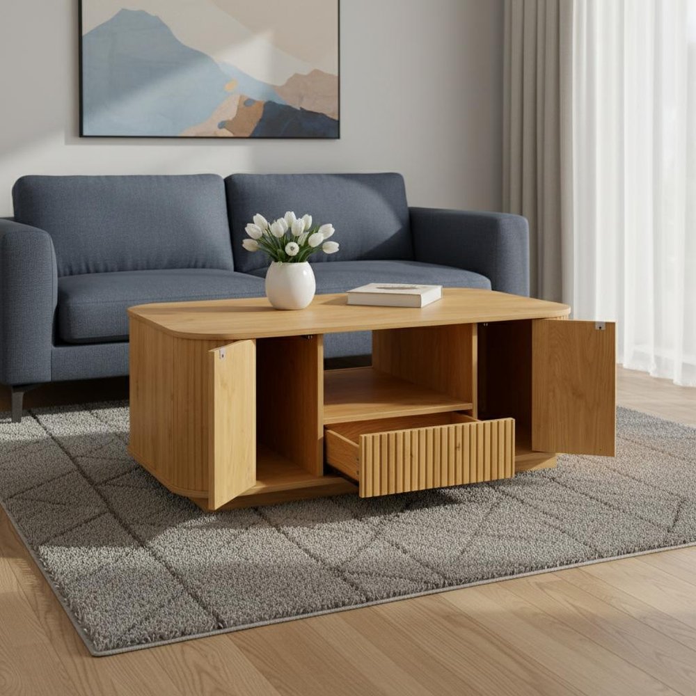 Natural Wood Oval Block Coffee Table with Storage - 47-inch