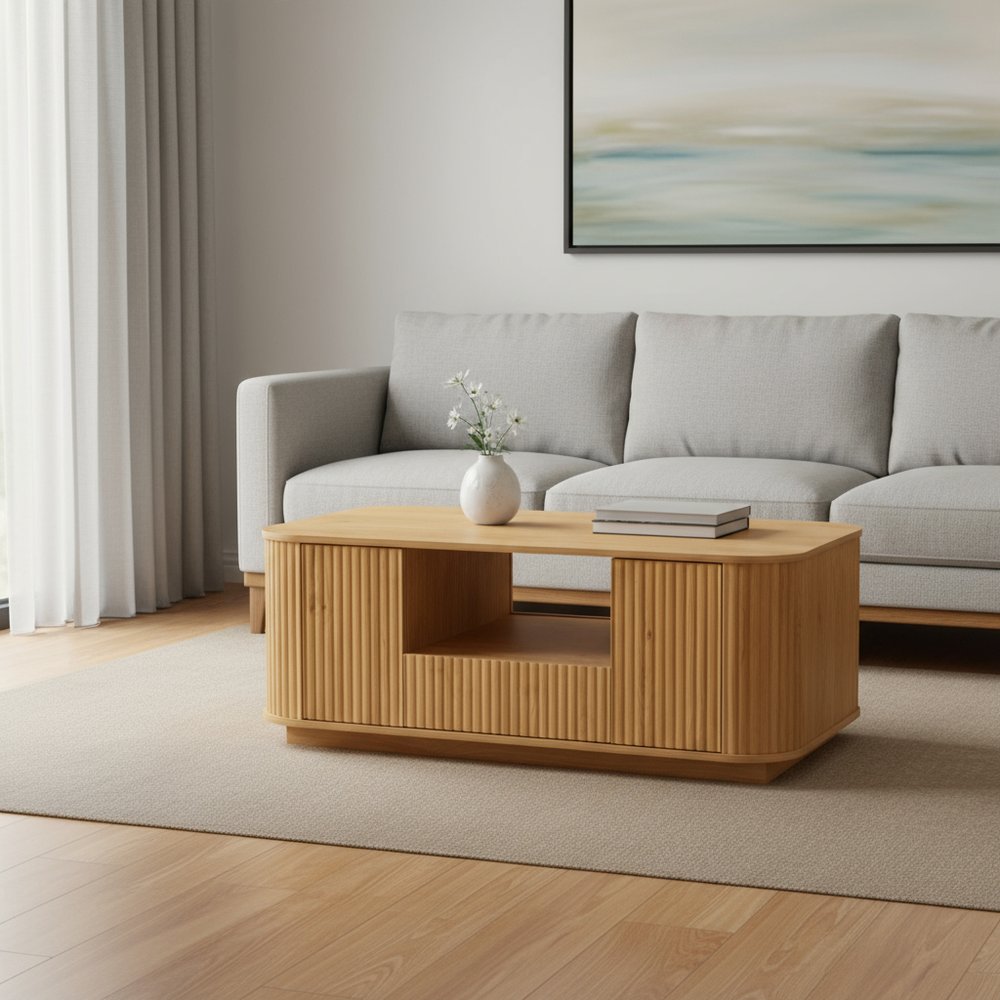 Natural Wood Oval Block Coffee Table with Storage - 47-inch