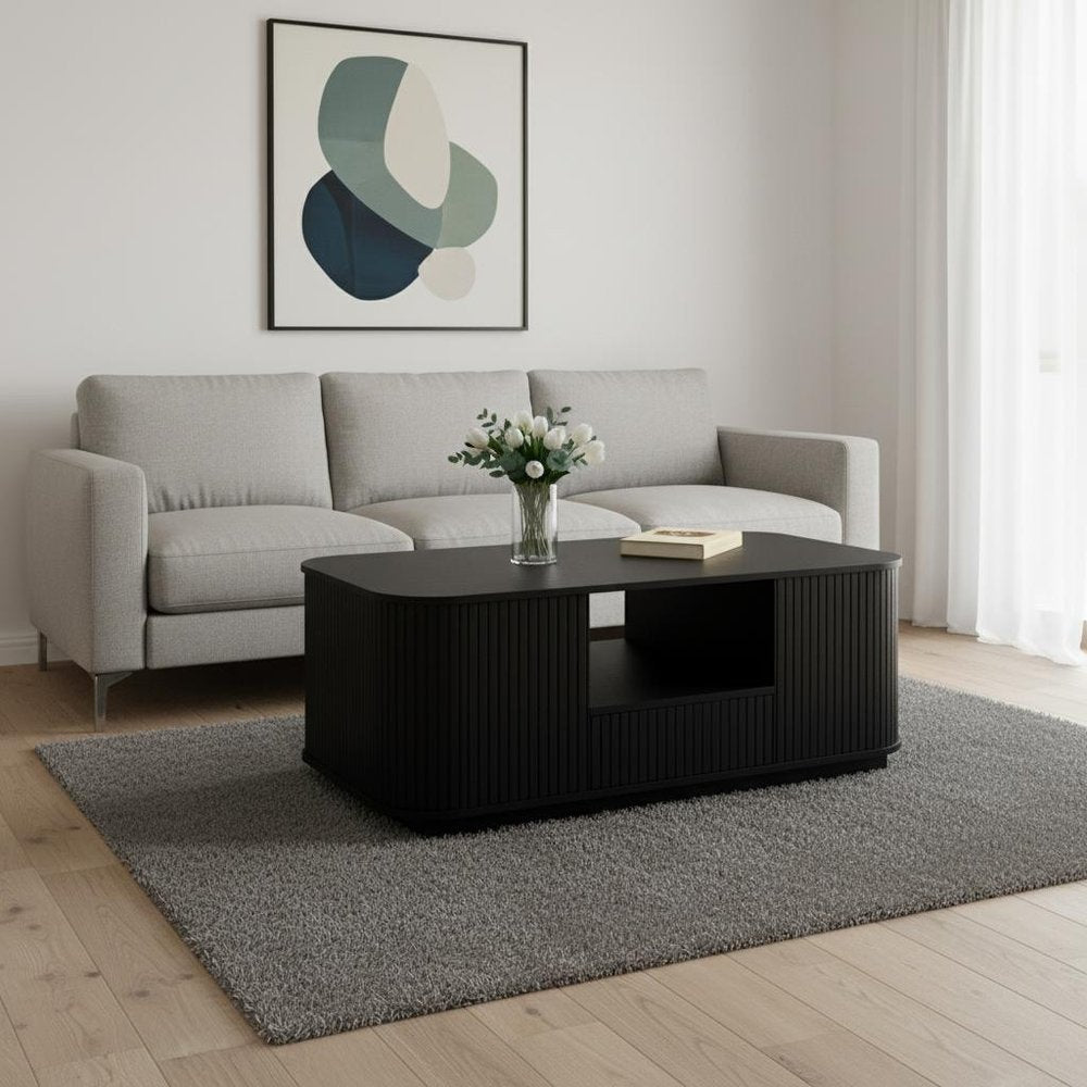 Black Wood Oval Block Coffee Table with Storage - 47-inch