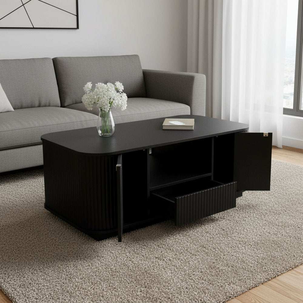 Black Wood Oval Block Coffee Table with Storage - 47-inch
