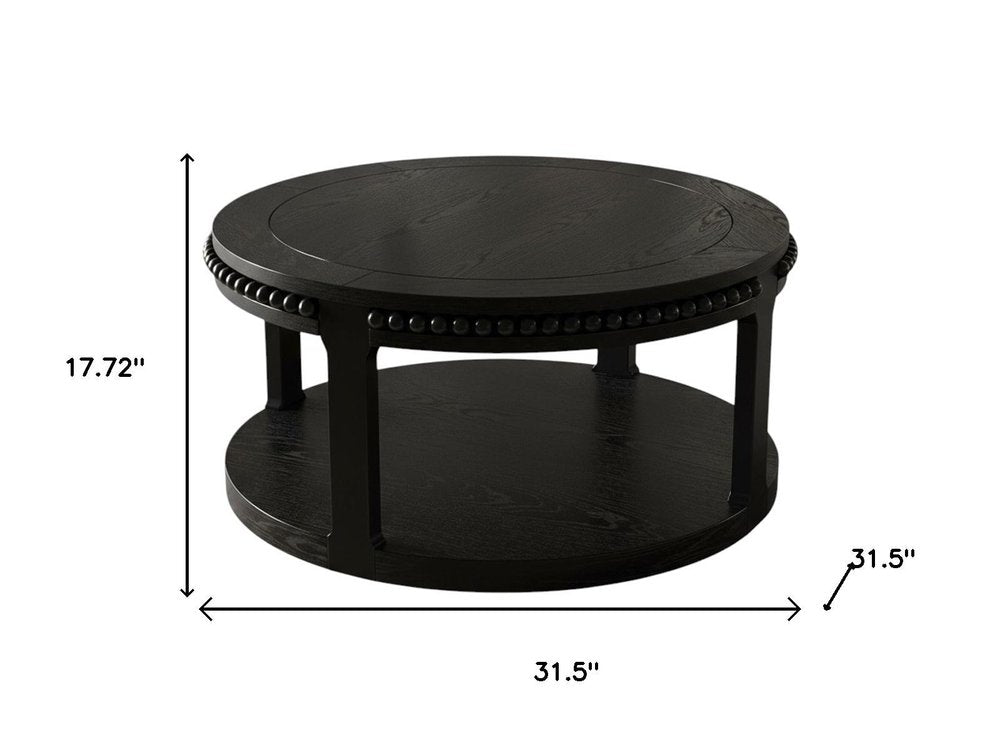 Black Wood Floor Shelf Beaded Round Coffee Table - 32-inch