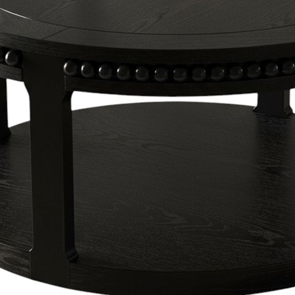 Black Wood Floor Shelf Beaded Round Coffee Table - 32-inch