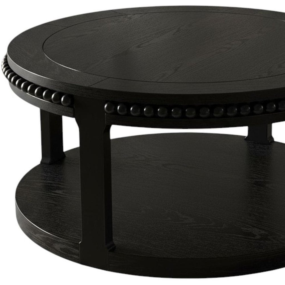 Black Wood Floor Shelf Beaded Round Coffee Table - 32-inch