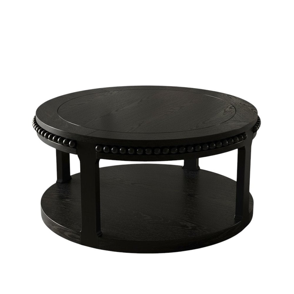 Black Wood Floor Shelf Beaded Round Coffee Table - 32-inch