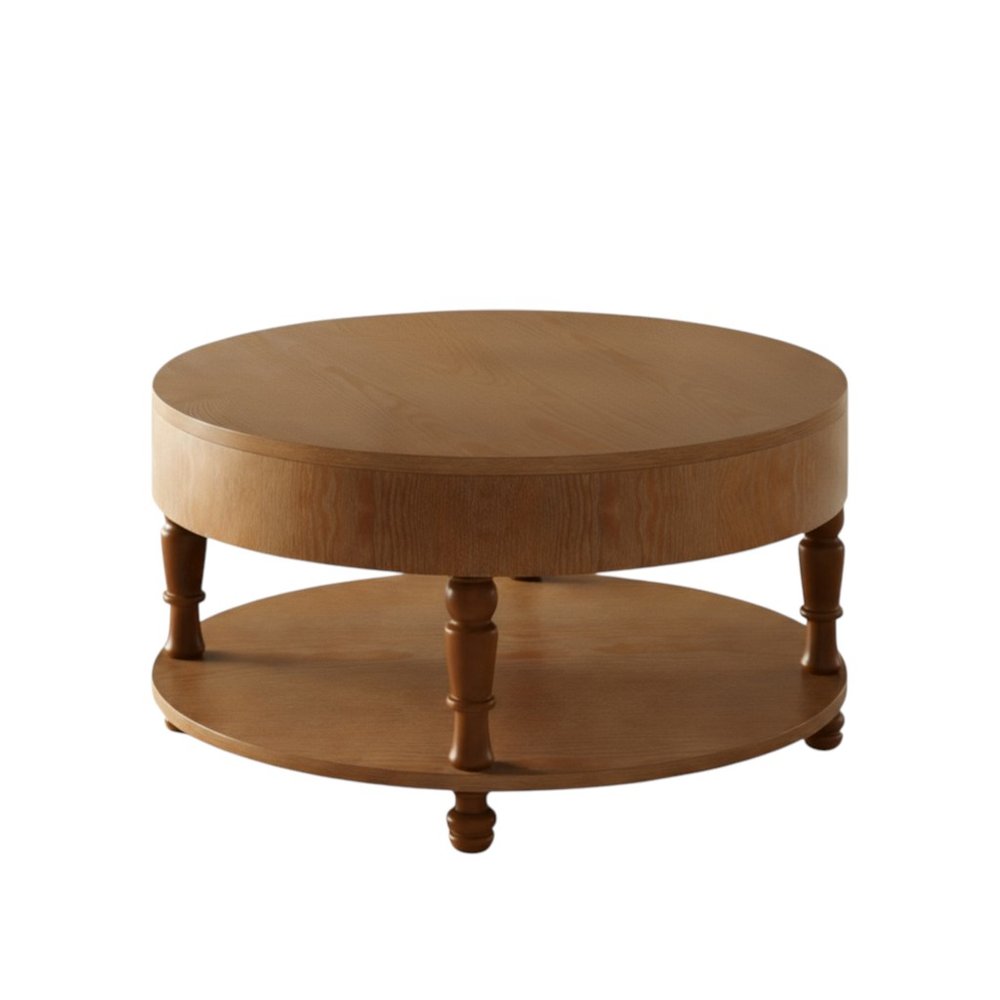 Natural Wood Round Coffee Table with Hidden Storage and Shelf