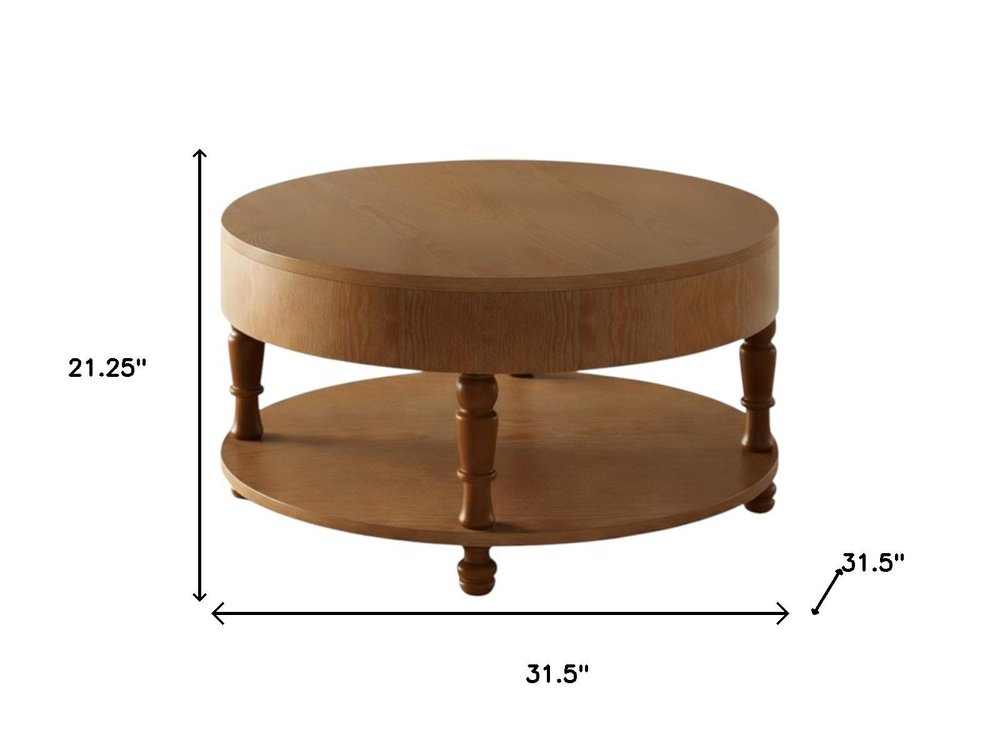 Natural Wood Round Coffee Table with Hidden Storage and Shelf