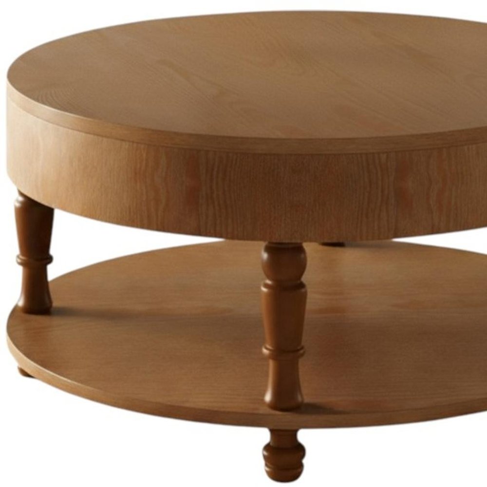 Natural Wood Round Coffee Table with Hidden Storage and Shelf