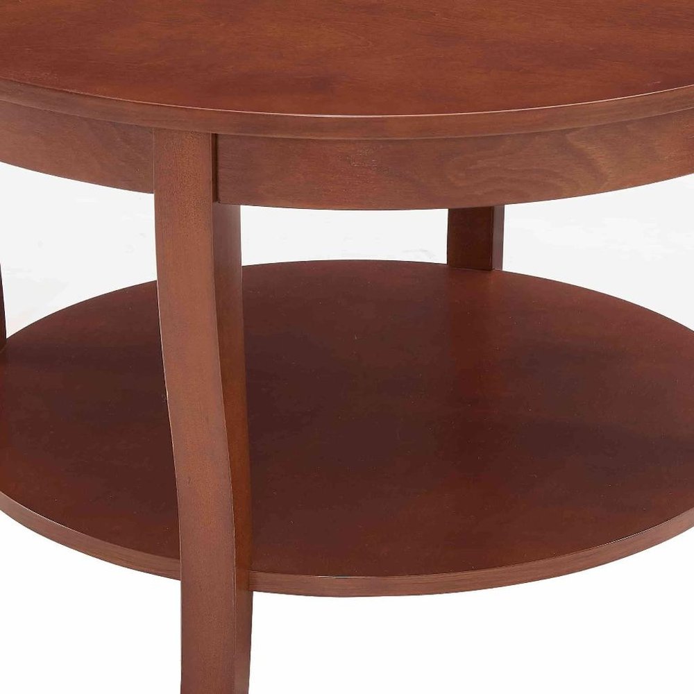 Walnut Wood Round Coffee Table with Shelf - 30-inch