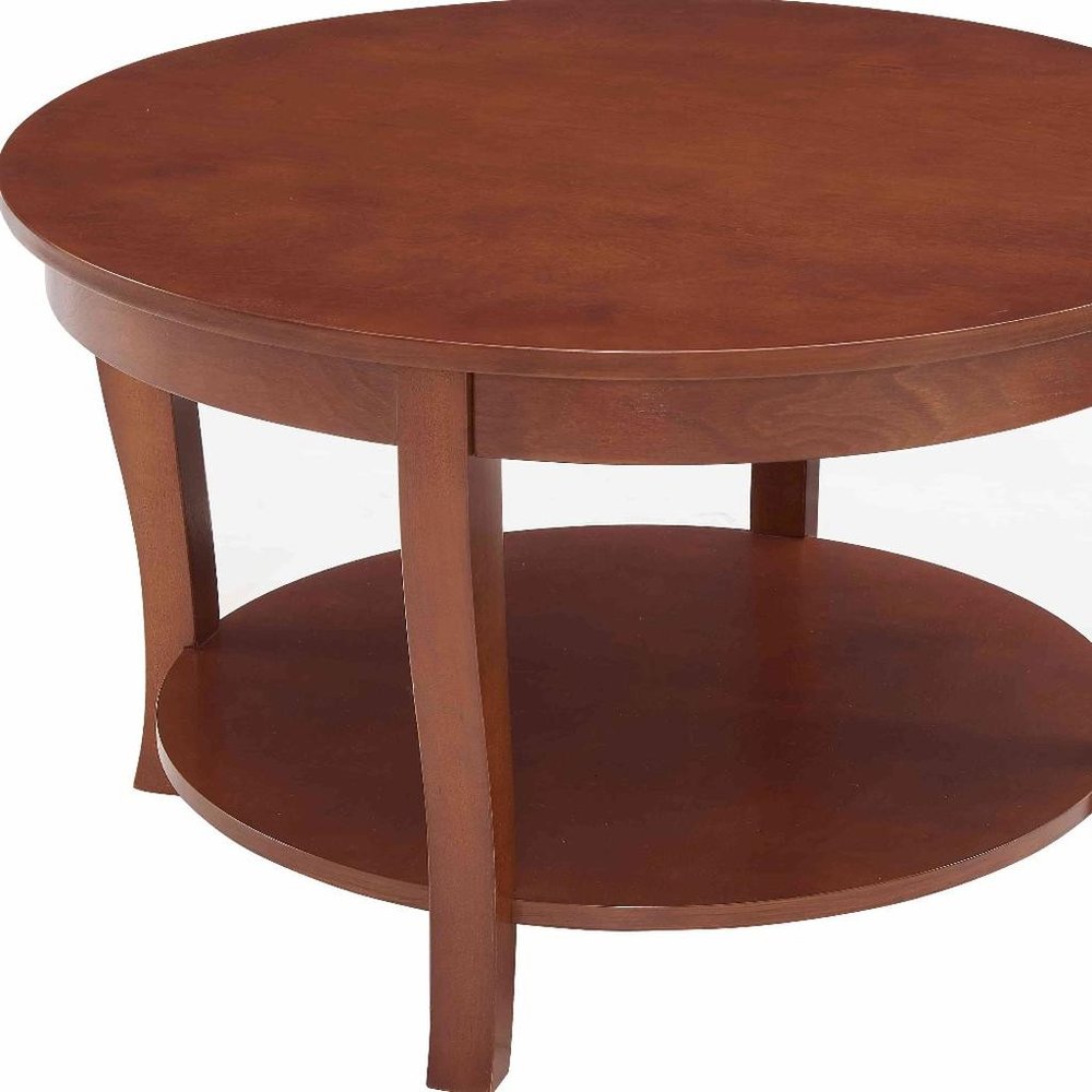 Walnut Wood Round Coffee Table with Shelf - 30-inch