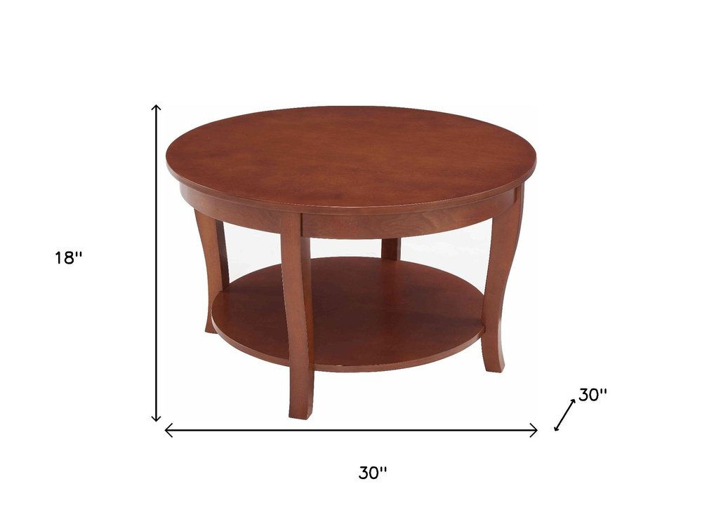 Walnut Wood Round Coffee Table with Shelf - 30-inch