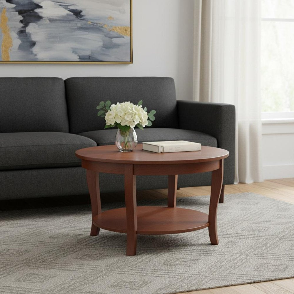 Walnut Wood Round Coffee Table with Shelf - 30-inch