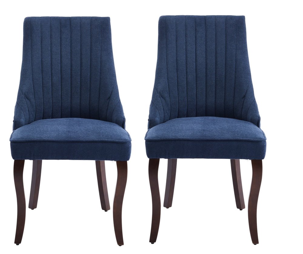 Set of Two Blue and Brown Fabric Dining Side Chairs
