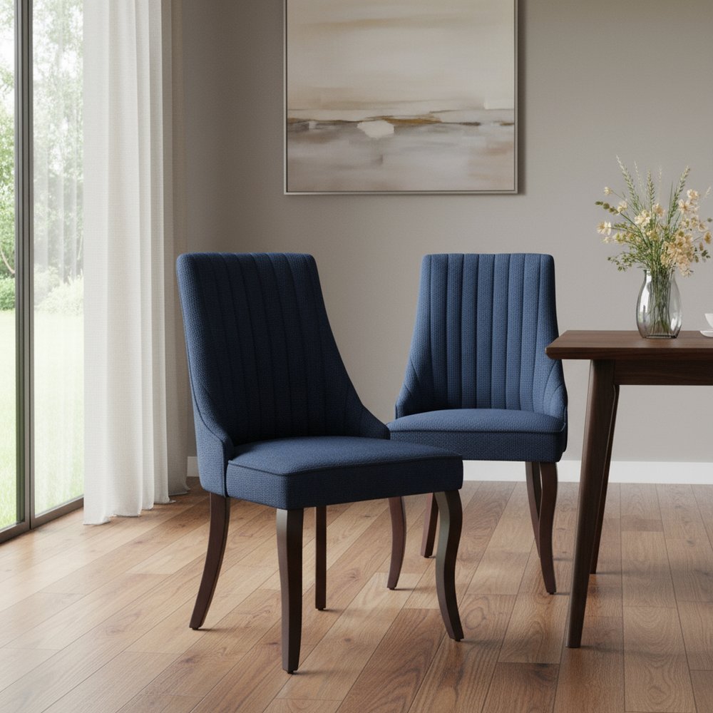 Set of Two Blue and Brown Fabric Dining Side Chairs