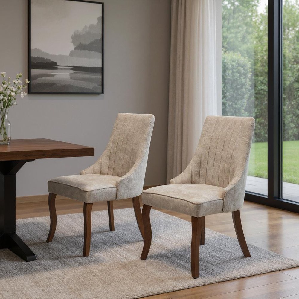 Set of Two Beige Brown and Off White Fabric Dining Side Chairs