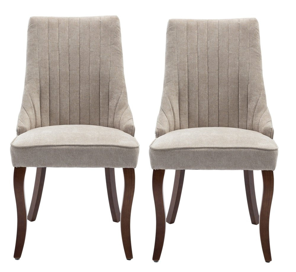 Set of Two Beige Brown and Off White Fabric Dining Side Chairs