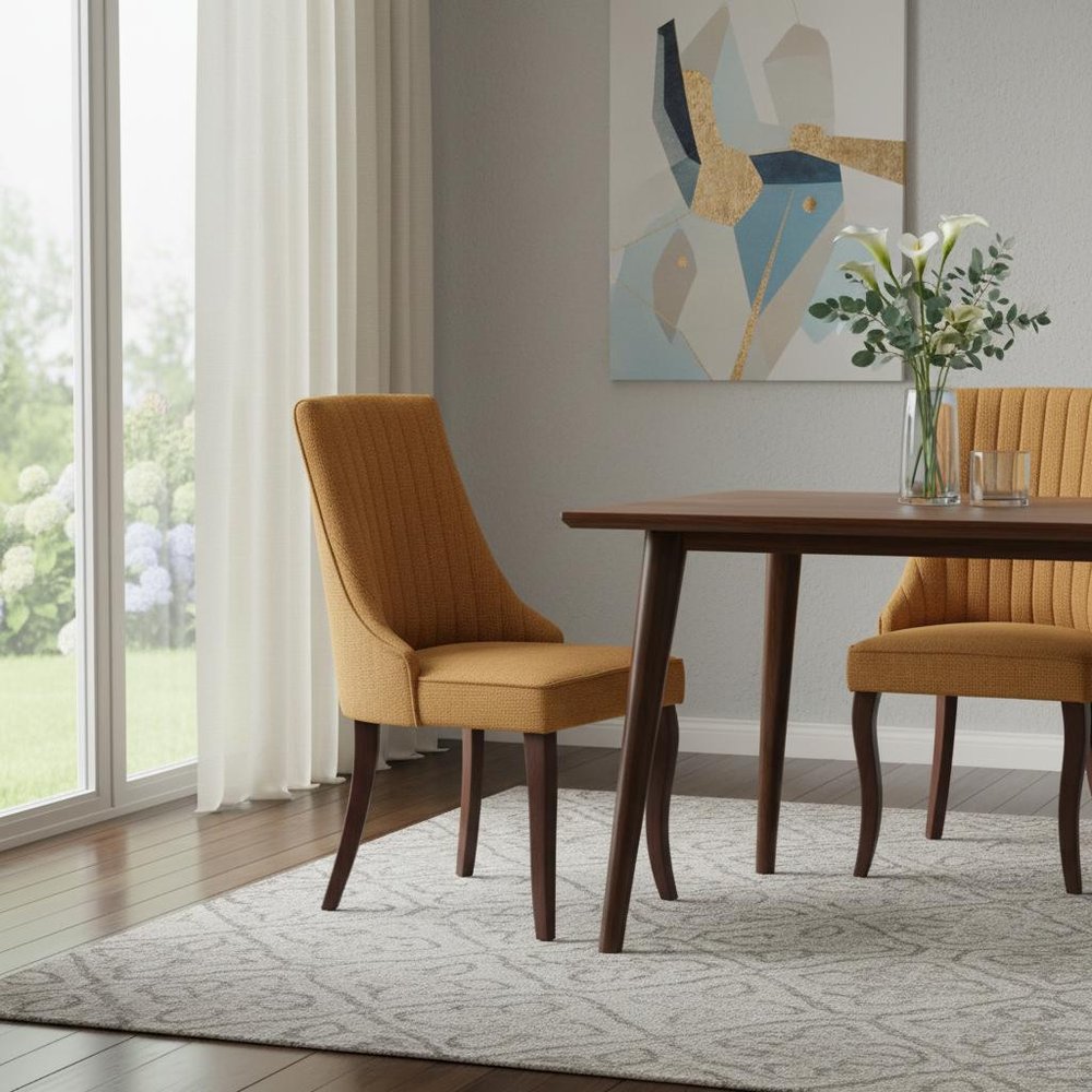 Set of Two Yellow and Brown Fabric Dining Side Chairs
