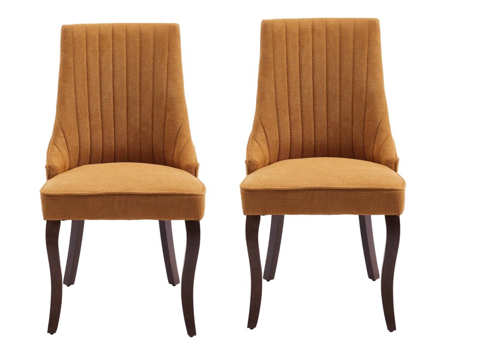 Set of Two Yellow and Brown Fabric Dining Side Chairs