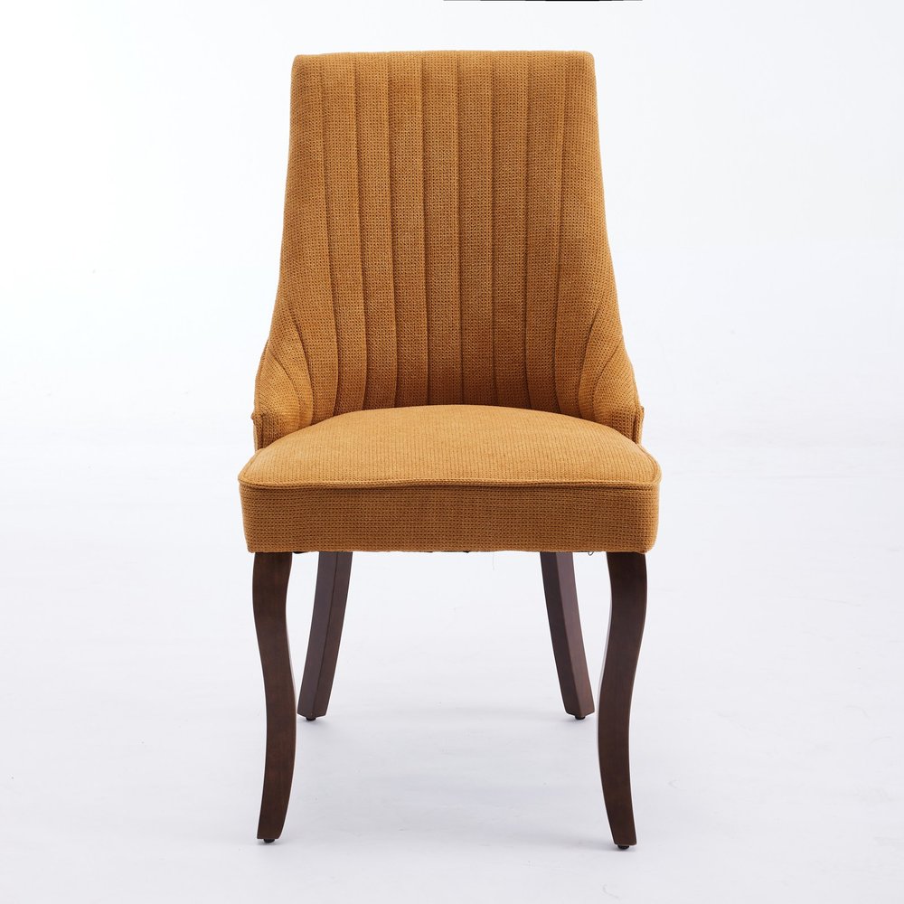 Set of Two Yellow and Brown Fabric Dining Side Chairs