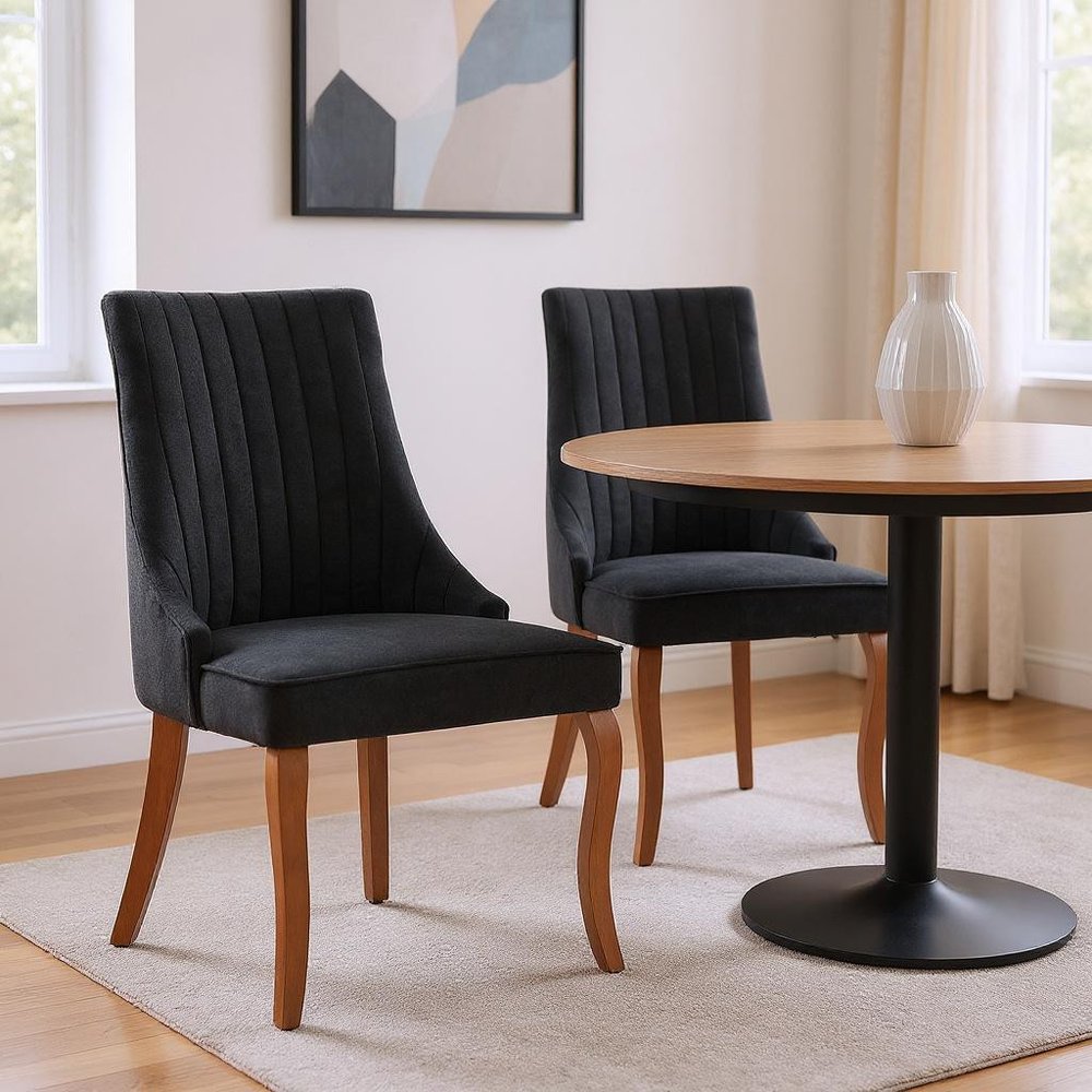 Set of Two Black and Brown Fabric Dining Side Chairs