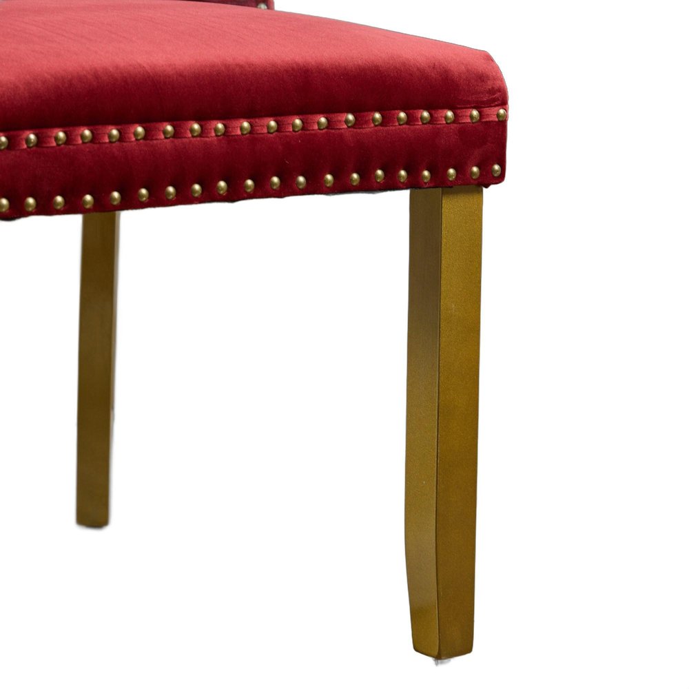Set of Two Red and Gold Tufted Velvet and Solid Wood Dining Side Chairs