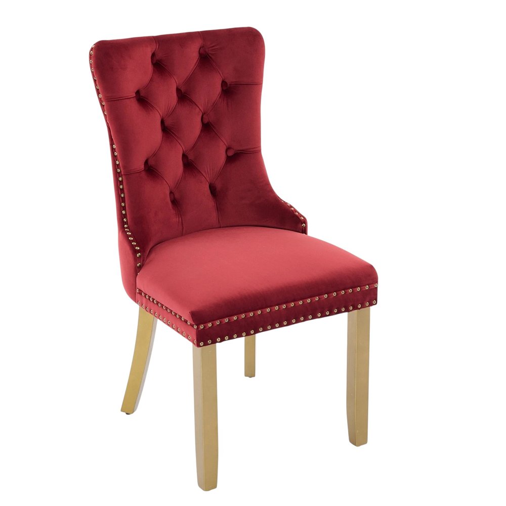 Set of Two Red and Gold Tufted Velvet and Solid Wood Dining Side Chairs