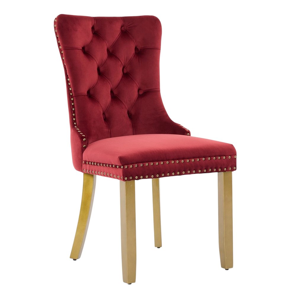 Set of Two Red and Gold Tufted Velvet and Solid Wood Dining Side Chairs