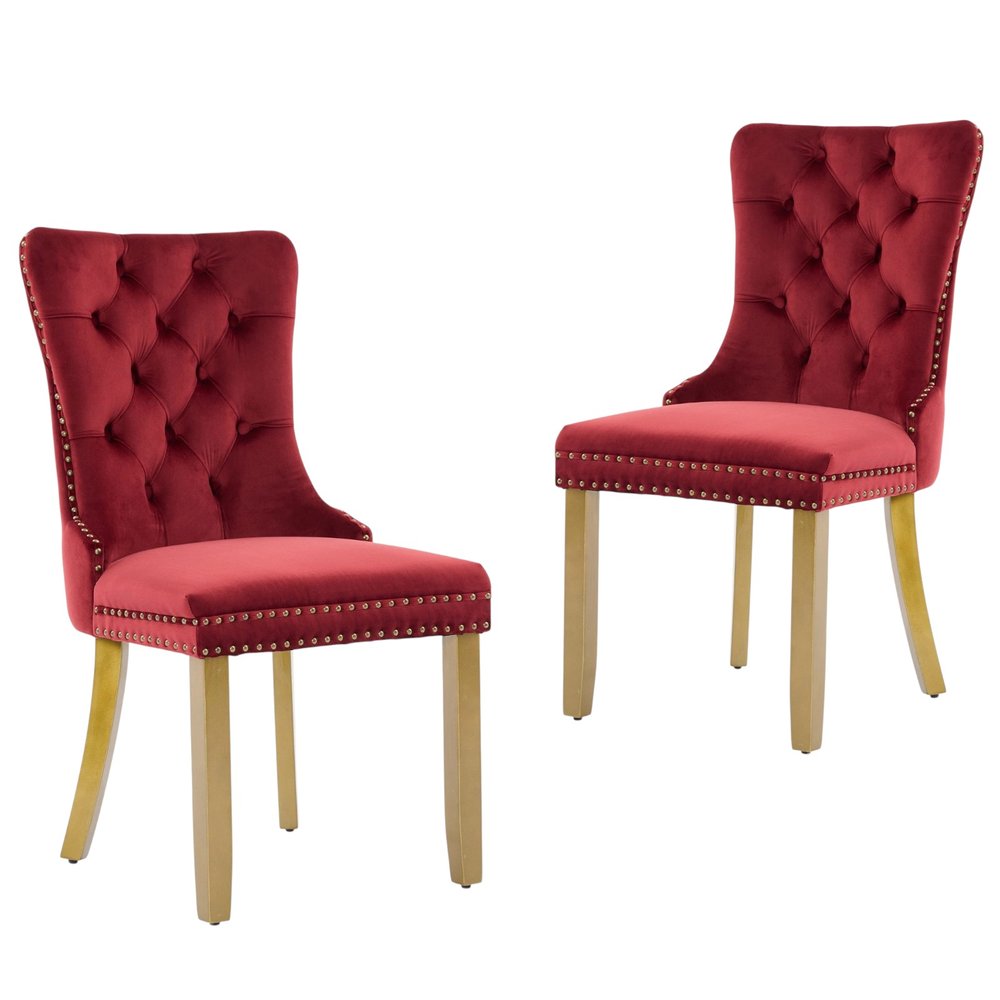 Set of Two Red and Gold Tufted Velvet and Solid Wood Dining Side Chairs