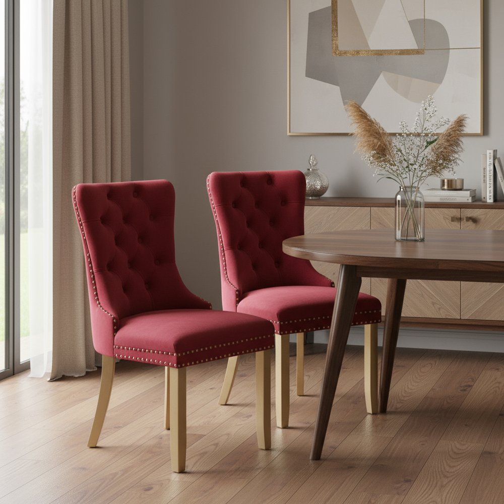 Set of Two Red and Gold Tufted Velvet and Solid Wood Dining Side Chairs