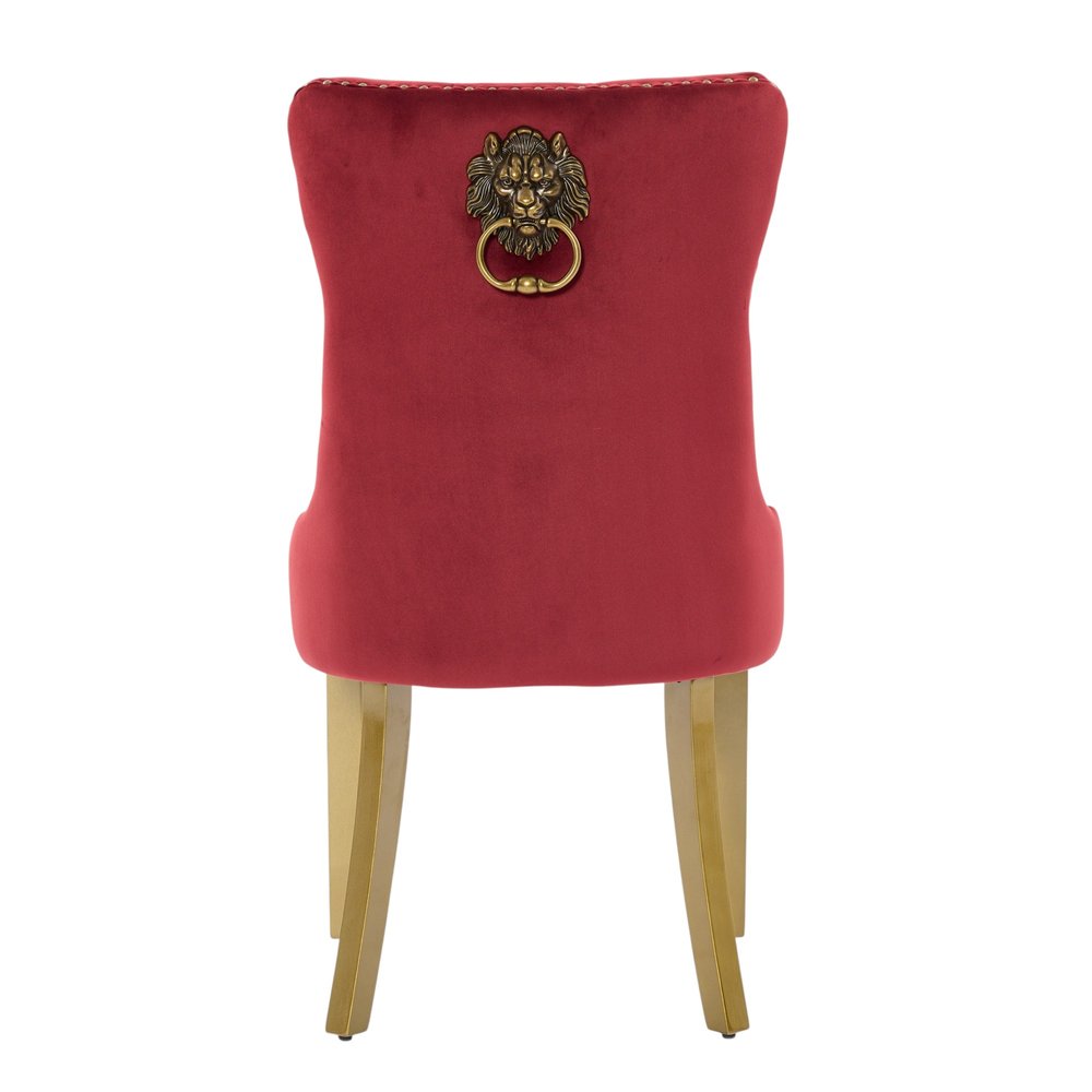 Set of Two Red and Gold Tufted Velvet and Solid Wood Dining Side Chairs