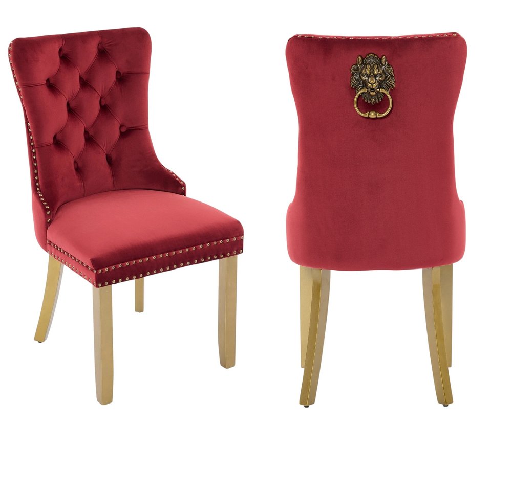 Set of Two Red and Gold Tufted Velvet and Solid Wood Dining Side Chairs
