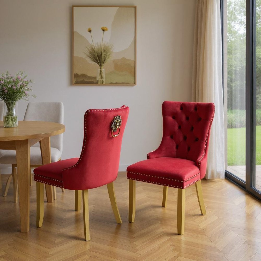 Set of Two Red and Gold Tufted Velvet and Solid Wood Dining Side Chairs