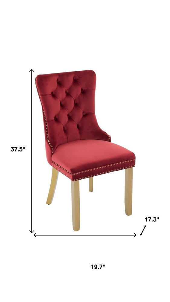 Set of Two Red and Gold Tufted Velvet and Solid Wood Dining Side Chairs