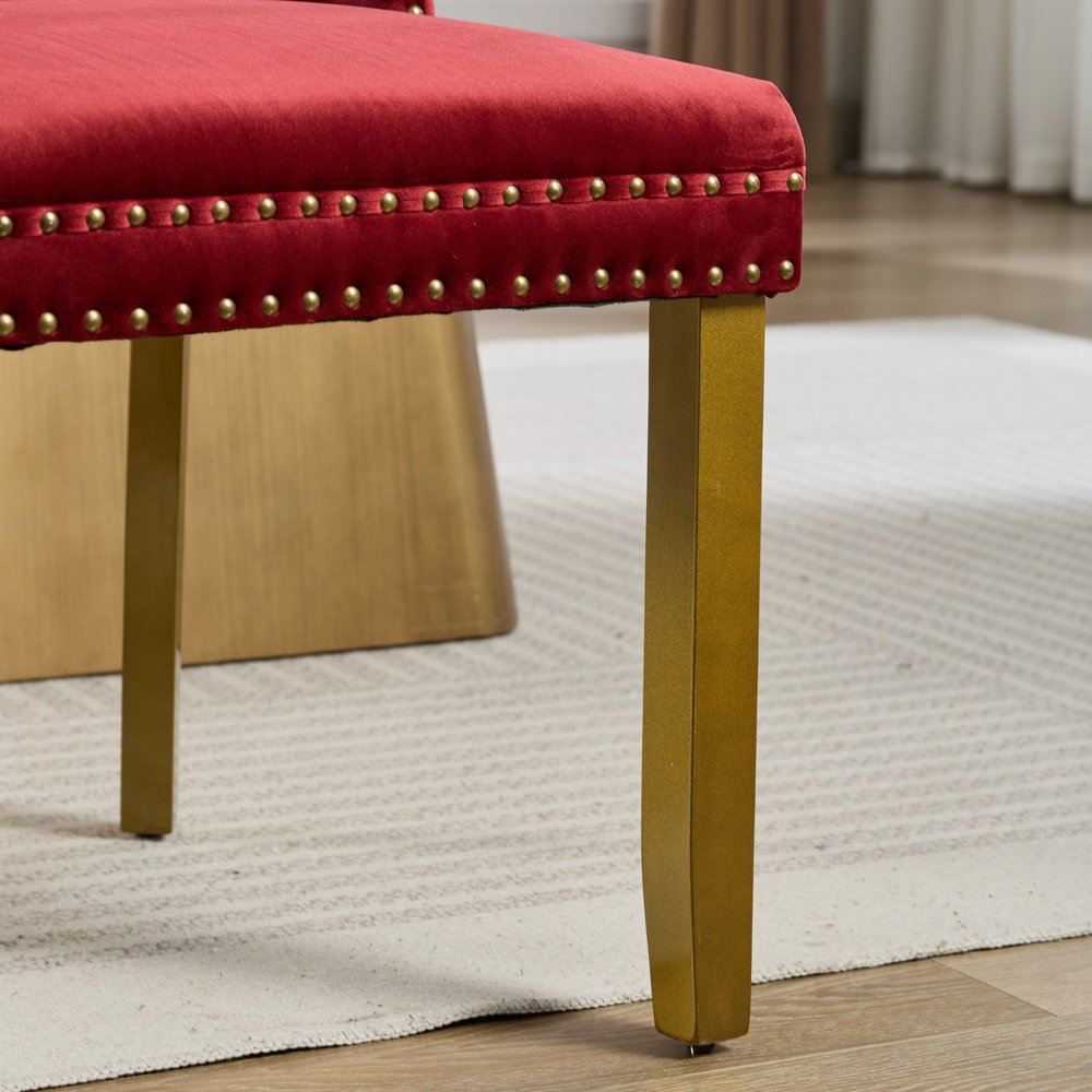 Set of Two Red and Gold Tufted Velvet and Solid Wood Dining Side Chairs