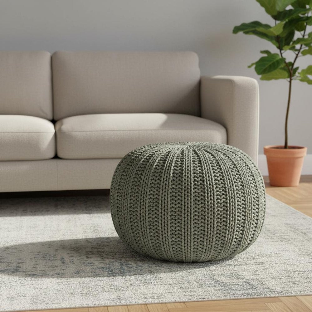 Green Cotton Cable Knit Round Pouf Ottoman - 20-inch