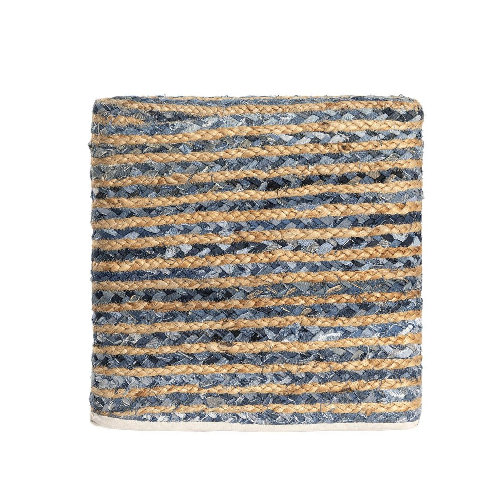 Beige and Blue Cotton and Jute Striped Pouf Ottoman - 18-inch