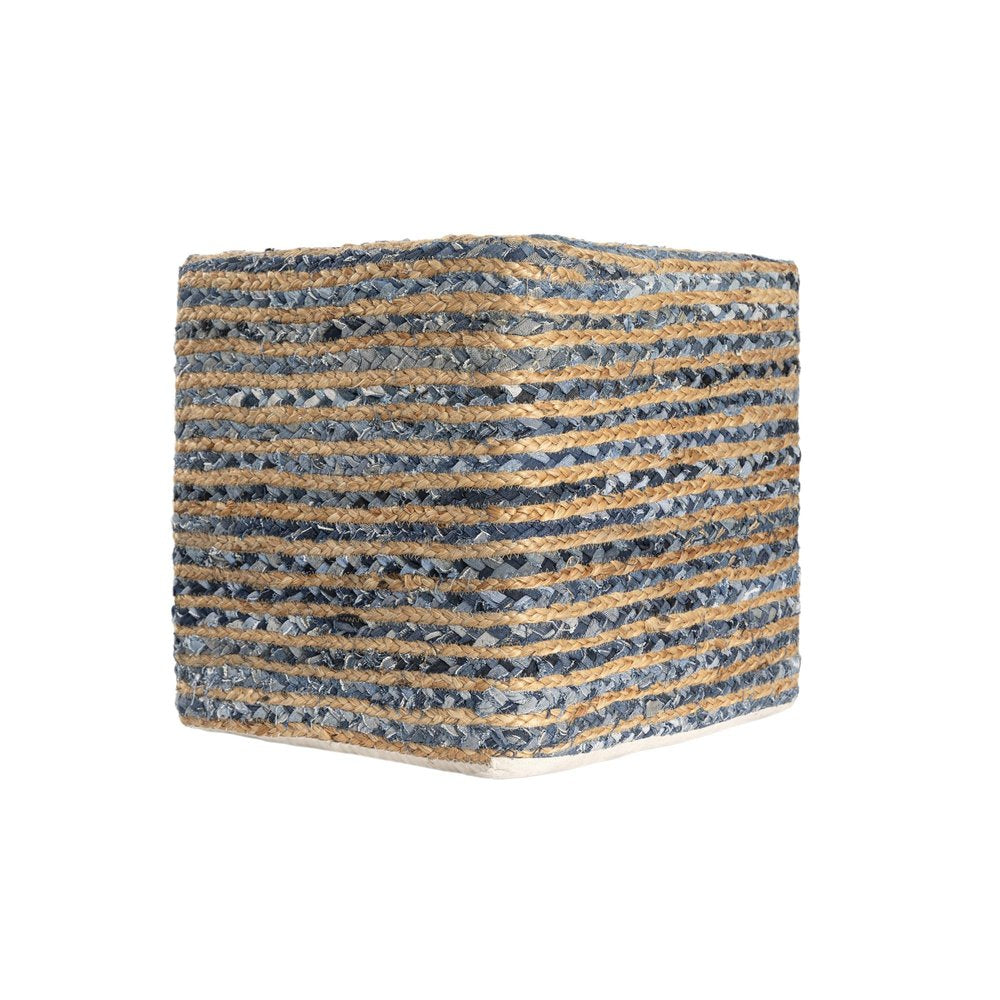 Beige and Blue Cotton and Jute Striped Pouf Ottoman - 18-inch