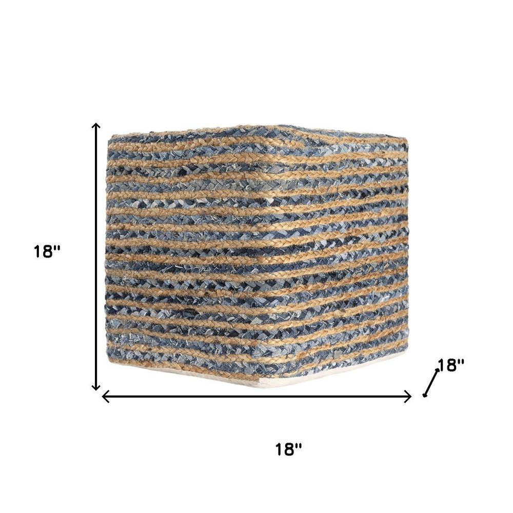 Beige and Blue Cotton and Jute Striped Pouf Ottoman - 18-inch