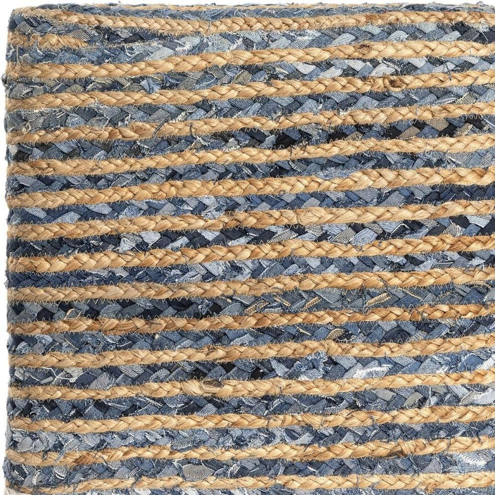 Beige and Blue Cotton and Jute Striped Pouf Ottoman - 18-inch