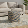 Beige and Blue Cotton and Jute Striped Pouf Ottoman - 18-inch