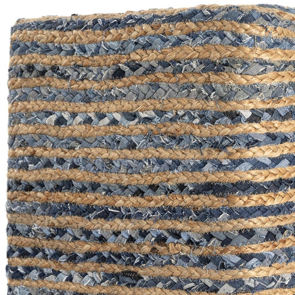 Beige and Blue Cotton and Jute Striped Pouf Ottoman - 18-inch