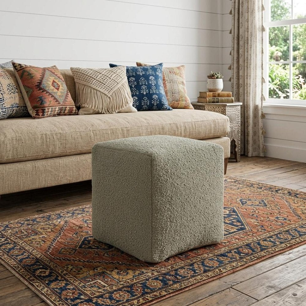 Sage Boucle Pouf Ottoman - 18-inch