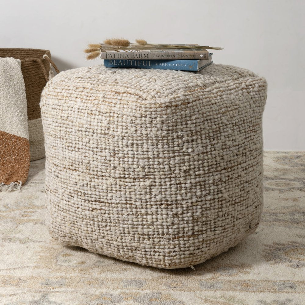 Ivory Cotton Wool and Jute Striped Pouf Ottoman - 18-inch
