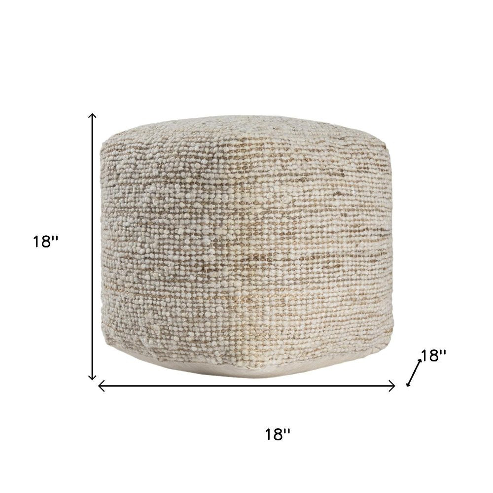 Ivory Cotton Wool and Jute Striped Pouf Ottoman - 18-inch