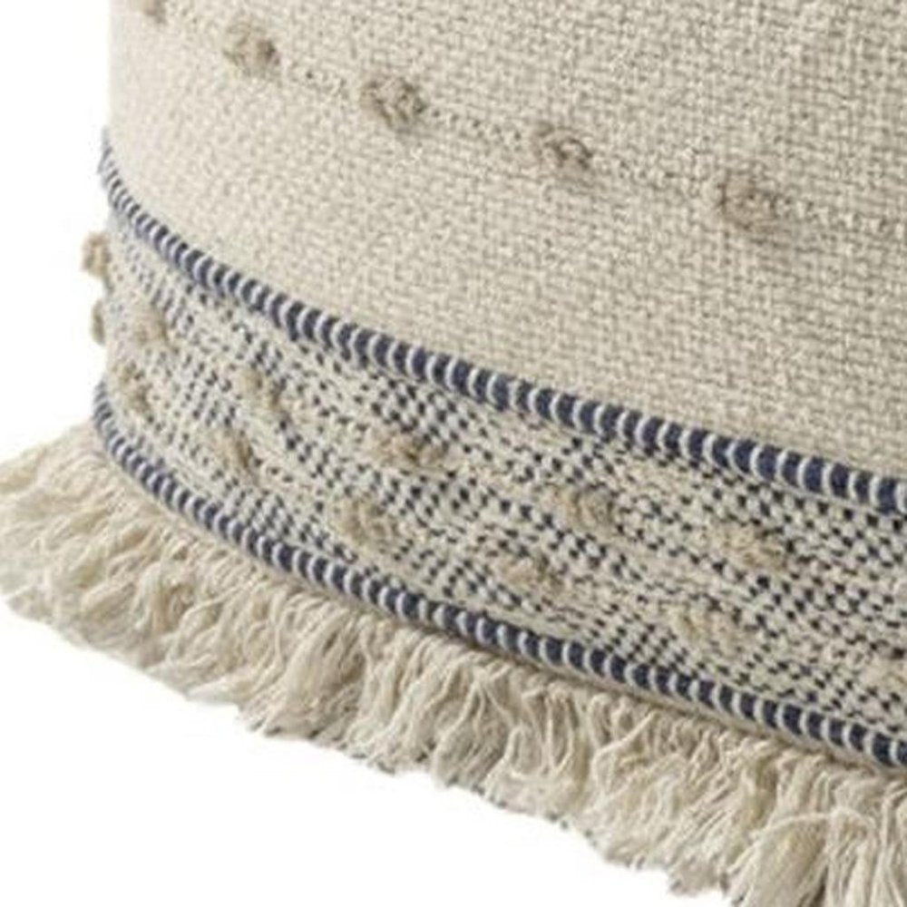 Ivory and Navy Blue Cotton and Wool Striped Pouf Ottoman - 18-inch