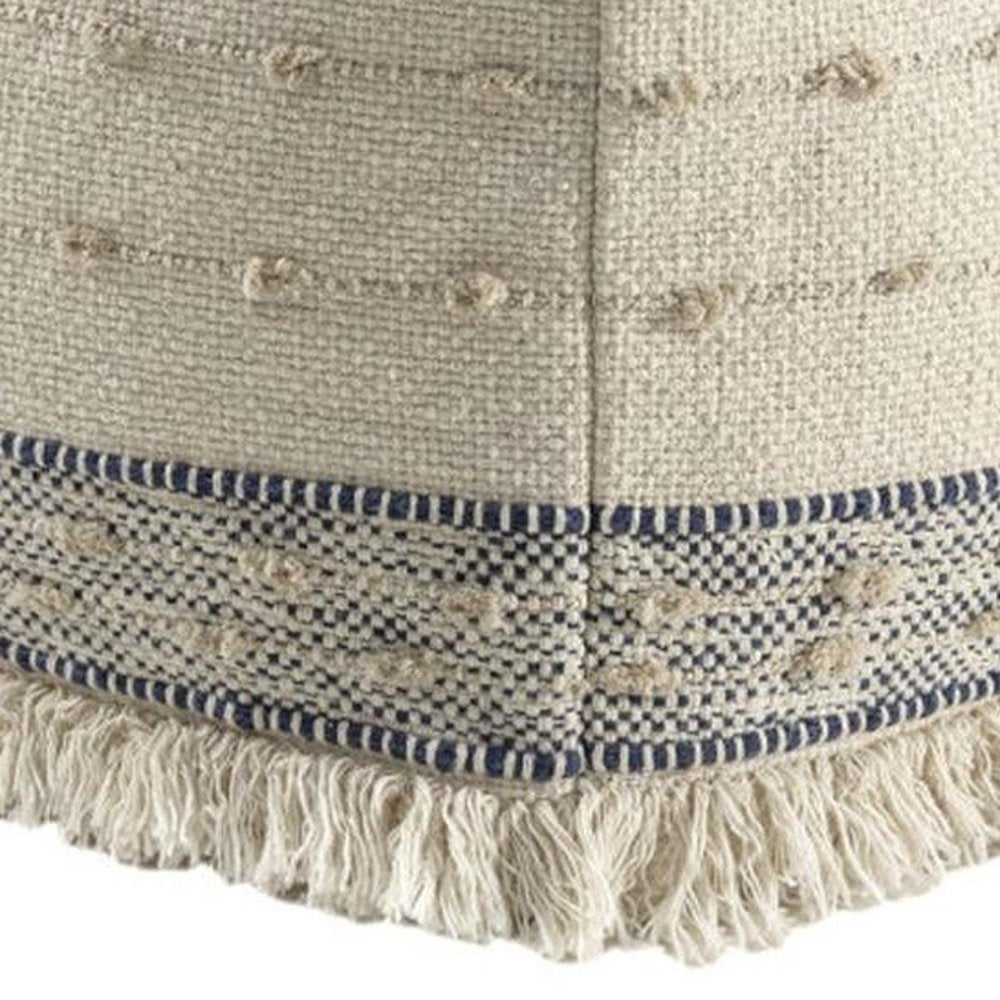 Ivory and Navy Blue Cotton and Wool Striped Pouf Ottoman - 18-inch