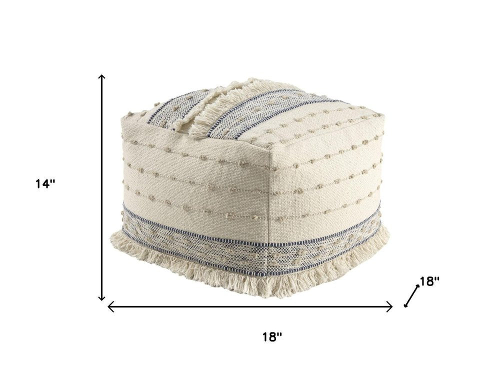 Ivory and Navy Blue Cotton and Wool Striped Pouf Ottoman - 18-inch