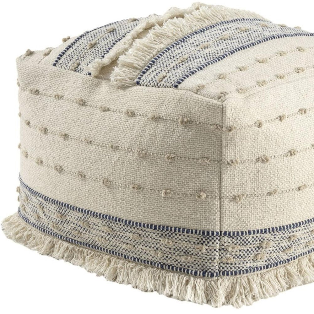 Ivory and Navy Blue Cotton and Wool Striped Pouf Ottoman - 18-inch